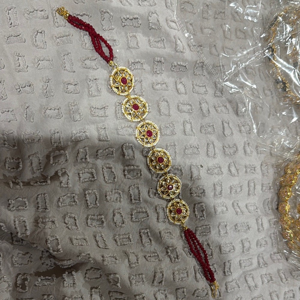 Gold-Tone Red Beaded Floral Matha Patti - Women Jewelry